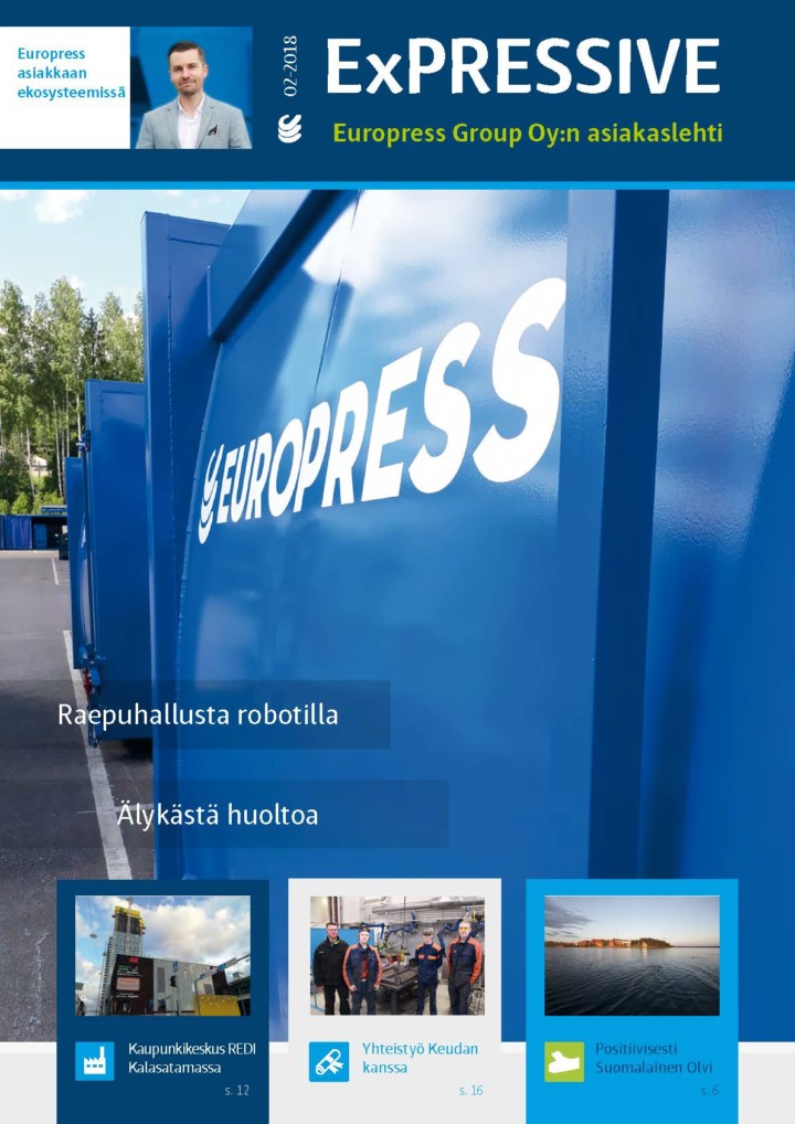 Europress EXPRESSIVE asiakaslehti kertoo jätepuristimista, jätepaalaimista ja jätehuoltolaitteiden huoltopalveluista